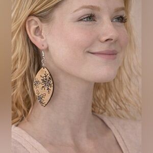 Engraved Wooden Snowflake Earrings Blue Sparkle Winter Artisan Dangle Statement